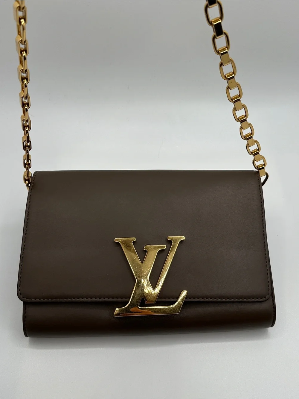 Louis Vuitton Louise Chain Wallet Smooth Calfskin Leather Taupe Brown Gold